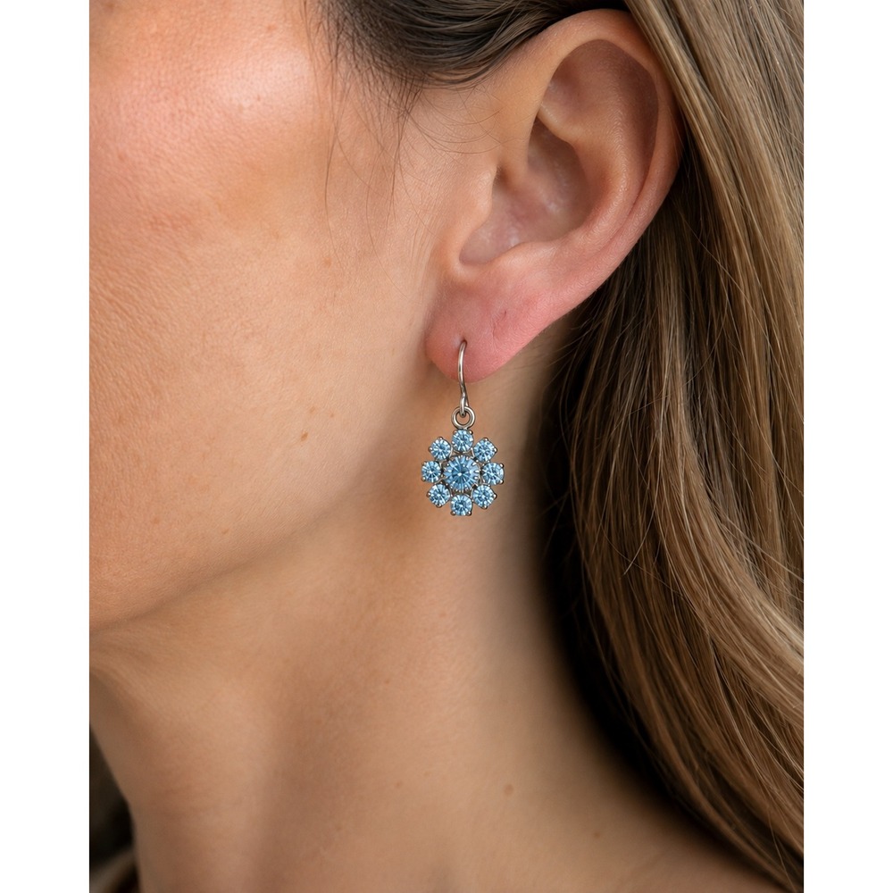 Vintage Blue Crystal Flower Drop Dangle Earrings Silver Tone Pierced Floral